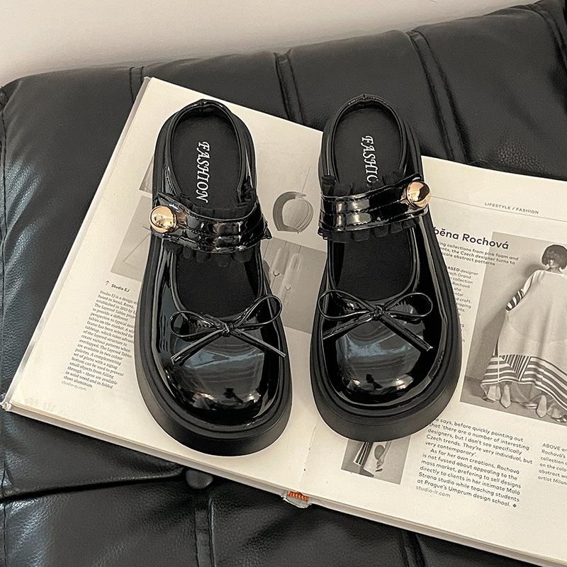 

French small leather shoes bow Mary Jane bag head half slippers girls summer fashion lace one-word platform slippers 35 чорний