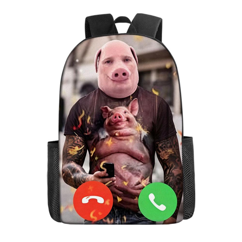 Funny John Plaid Shirt Pig Pork Printed School Bag Primary School Student 17-Inch Large Capacity One