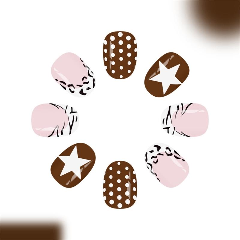 Pack Of 24 French Leopard Print Plaids Star Press On Nail Coffee Brown Polkas Dot Reusable False Nail ABS Material NoGlue Needed