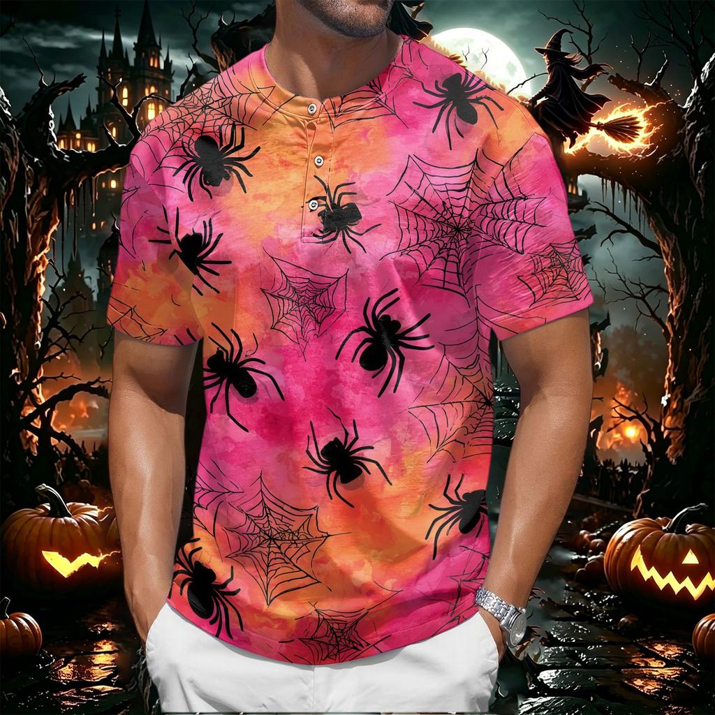 Men's Halloween Short Sleeve Henley Shirt Pumpkin Print Casual Lightweight Breathable Top with Buttoned Collar for Seasonal Wear