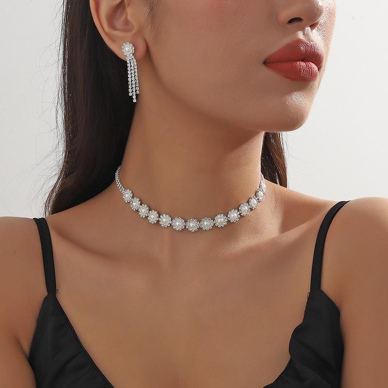 Pearl  Flower Necklace Earring Set Simple Everything Choker Clavicle Chain Earring Set