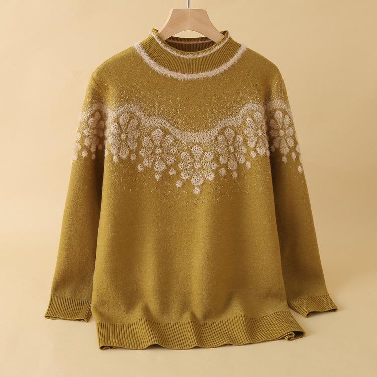 Mom with Velvet Thickened Sweater In Autumn and Winter Middle-aged and Elderly Women Wearing Grandma Knitted Base Shirt Warm Top