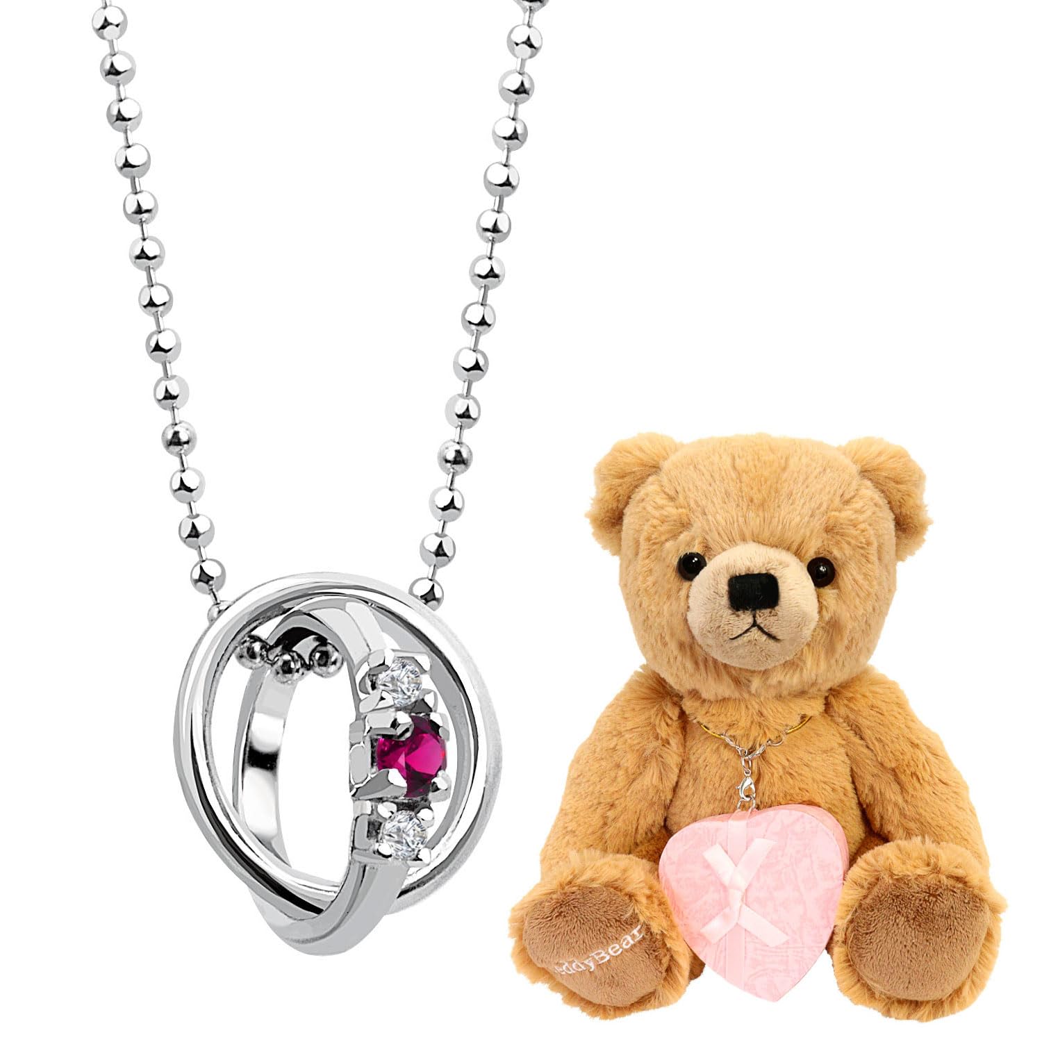 

Double Ring Top Necklace Diamond x Birthstone Silver Brown Teddy Bear July Ruby [Sears] Women s dr-66-tdt-01-b07