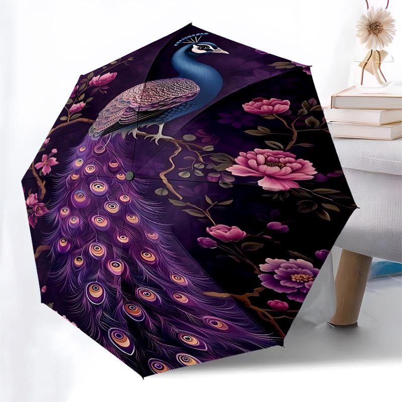 1PC Peacock Flowers Umbrella-8-Rib Reinforced, Automatic Open, Lightweight & Durable, Fashion Accessory for Outdoor, Beach L0354