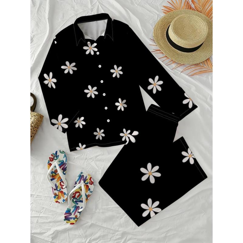 Women's Fresh Resort Style Long-sleeved Trousers Suit Black Background White Daisy Print Shirt Wide-leg Pants Two-piece Set