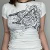 Retro Graphic Crop Top White Short Sleeve O Neck Casual T Shirt for Women Y2k Aesthetic Vintage Basic Tees Ladies Clothes