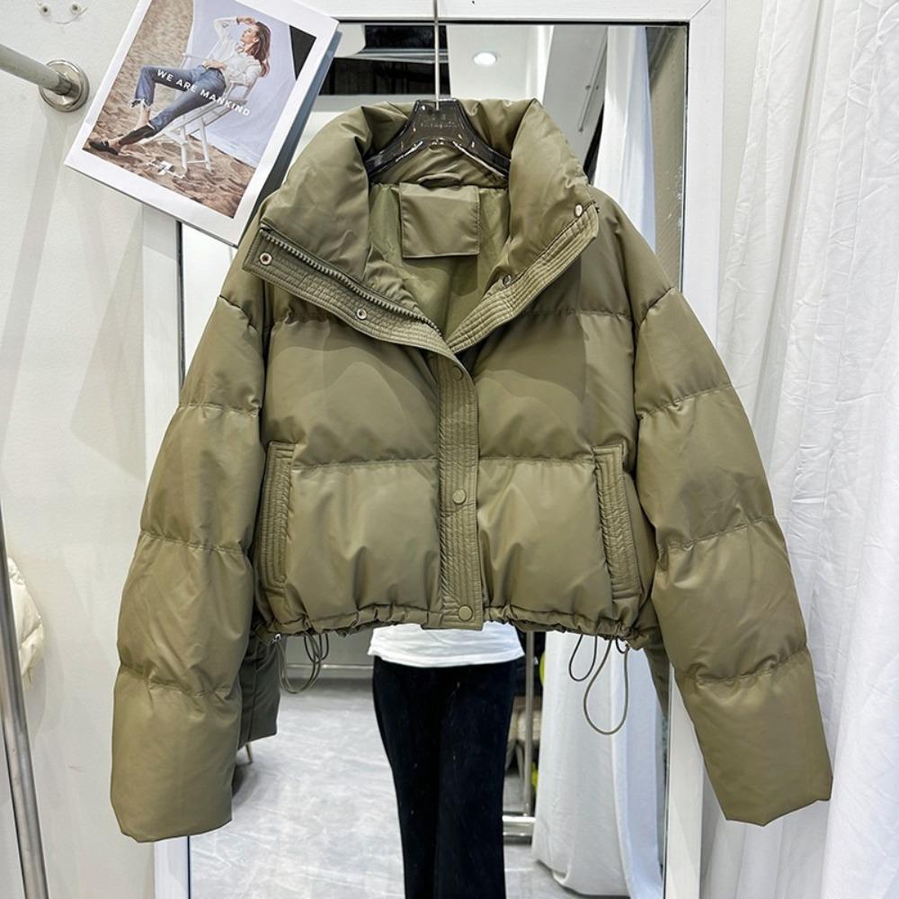 Women's Stand Collar Long Sleeve Cropped Jacket Loose Fit Casual Puffer Coat Winter Warm Outerwear
