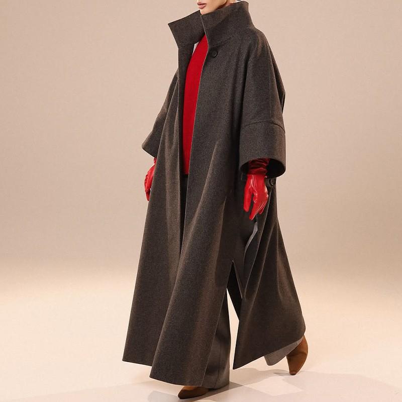 2026 Womens Fashion Commuter Solid Color Stand Collar Side Slit Wool Blend Coat