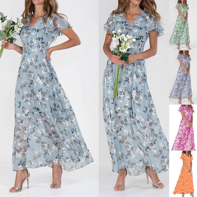 New beach pendulum long dress chiffon floral short-sleeved ruffle V-neck fashionable waist dress