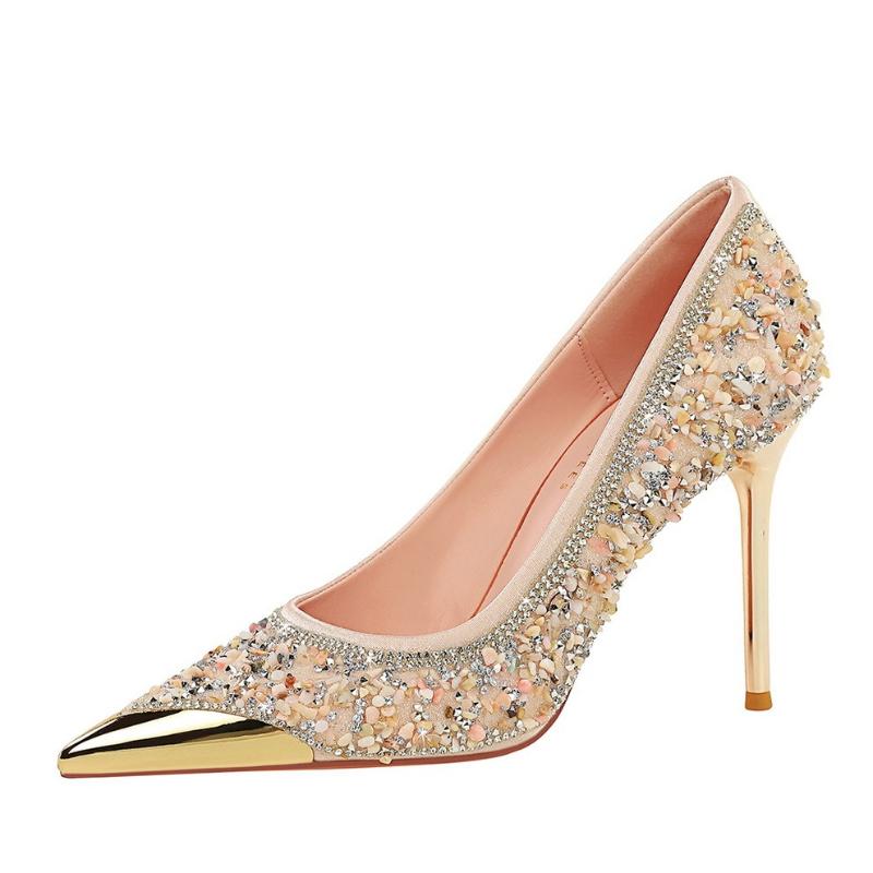 Fashion Stiletto Heels Metal Pointed Toe Shallow Cut Slip On Crystal Rhinestone Women Shoes