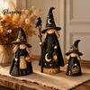 Hand Painted Witch Theme Gifts Halloween Wooden Ornaments, Distressed Figurines, Retro Tabletop Black Cat And Crow Holiday Accents Decoration
