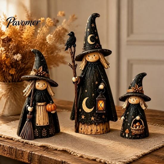 Hand Painted Witch Theme Gifts Halloween Wooden Ornaments, Distressed Figurines, Retro Tabletop Black Cat And Crow Holiday Accents Decoration