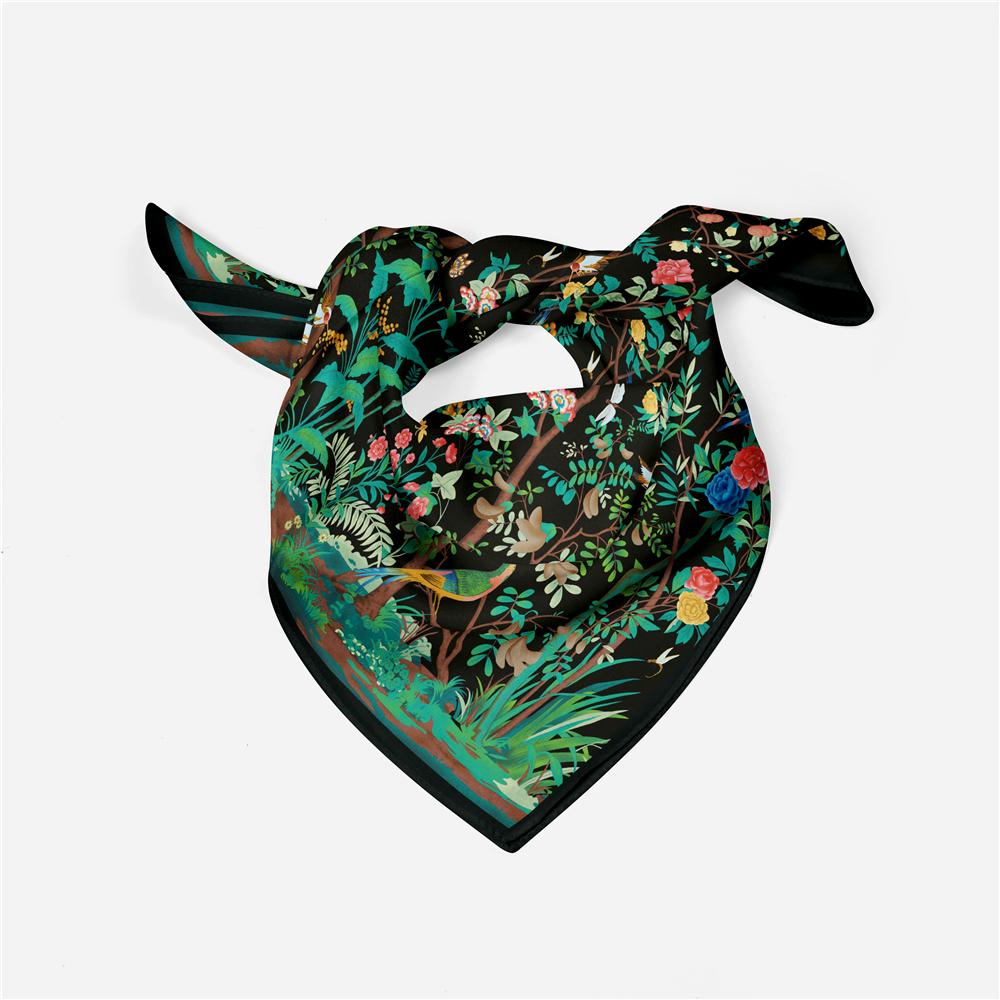 53cm Brand Square Scarf Woman 2024 Design Flowers Birds Silk Women Scarf Bandana Luxury Headband Hijab Neckerchief