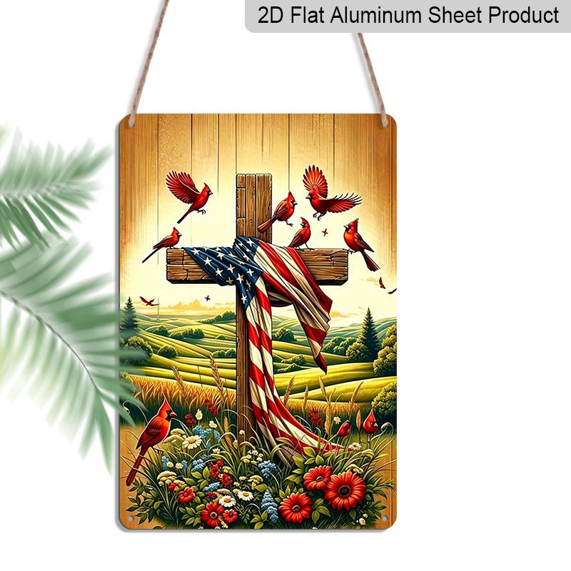2D Flat American Flag Cross with Cardinals Metal Sign Durable Aluminum Material 8*12 Inches USA Christian Wall Decor Patriotic Church Decor