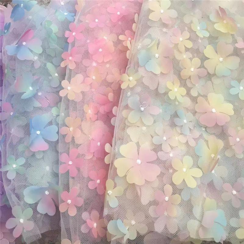1 Yard DIY Handmade High Quality Lace Mesh Embroidery Sequin 3D Flower Tulle Fabric DIY Dress Bow Clothes Decor Crafts