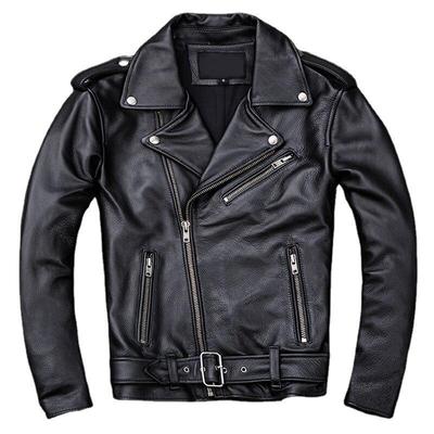 Chinese Size Classical Motorcycle Oblique Zipper Jackets Leather Men's Jacket Natural Calf Skin Thick Slim Cowhide Moto Jacket