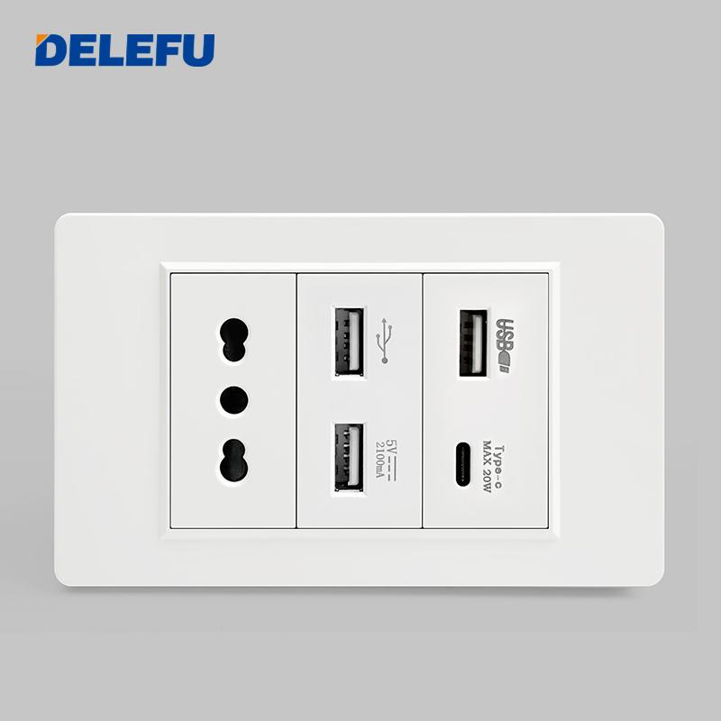 DELEFU Italian Standard White 118 Type Wall Switch Socket with USB + TYPE-C Socket Is Suitable for Hotels and Households.