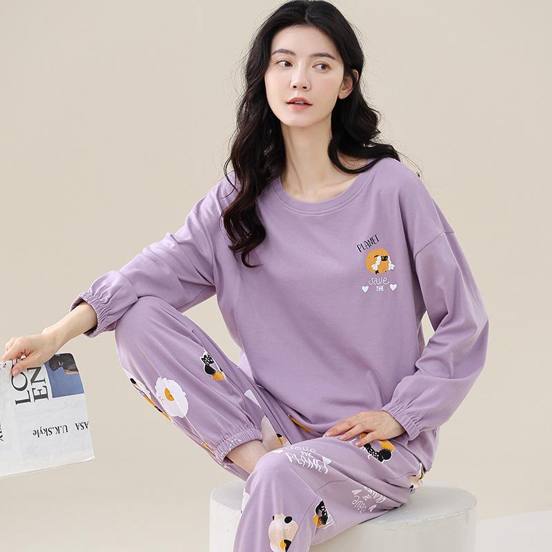 Aifen Teng Women's Pajamas Set: Pure Cotton, Long Sleeve, Long Pants, Casual Home Wear, Suitable for Spring, Autumn, and Winter.
