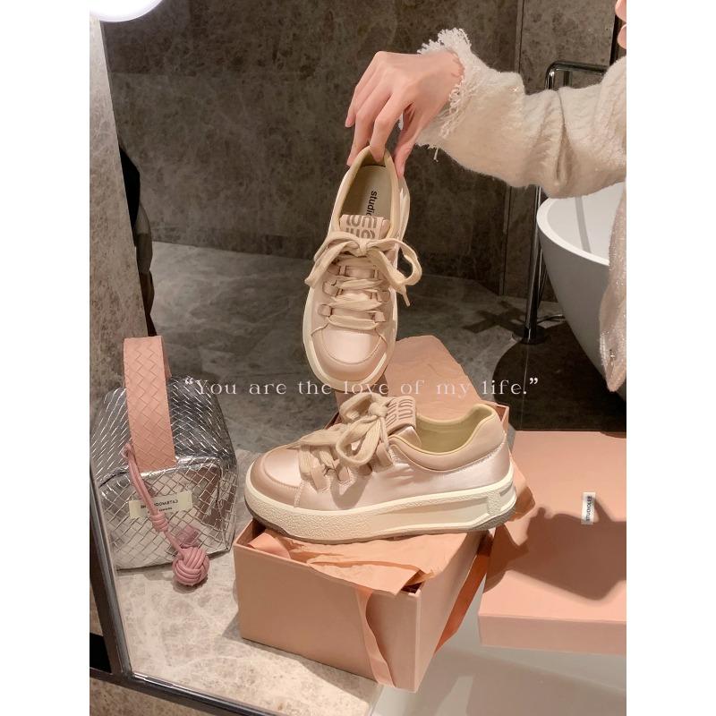 

~ Весеннее чаепитие~ Кремовые атласные туфли на толстой подошве со шнуровкой, увеличивающие рост, повседневные кеды 40