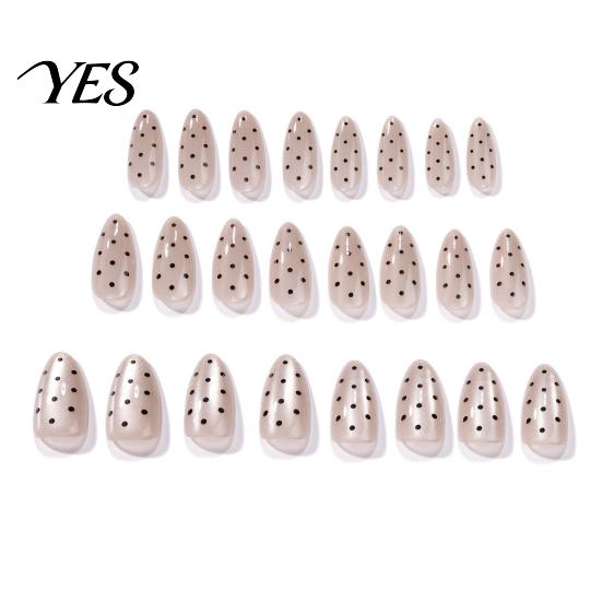 Black Dot Fake Nails 24Pcs Polka Dots Press on Nails, Long Almond Stick-on On Glossy Full Cover Glue False for Women Girls Comfortable 24PCS