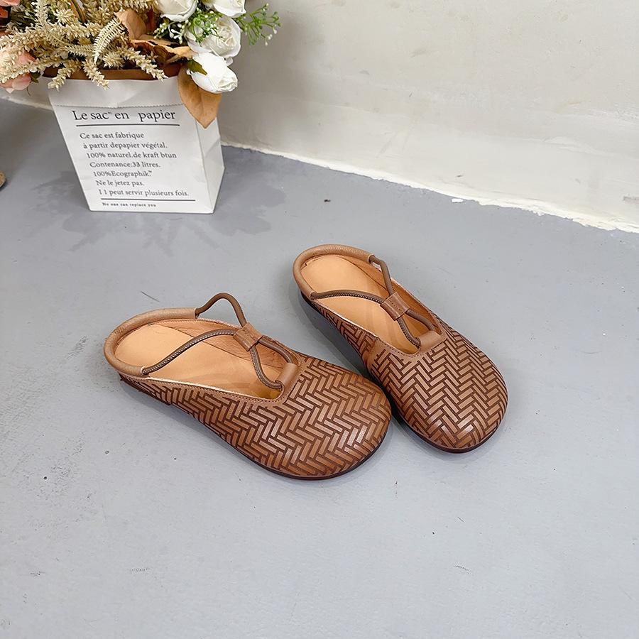 Johnature Genuine Leather Round Toe Slippers Women's Slip-on Shoes Casual Soft Sole Outside Slides