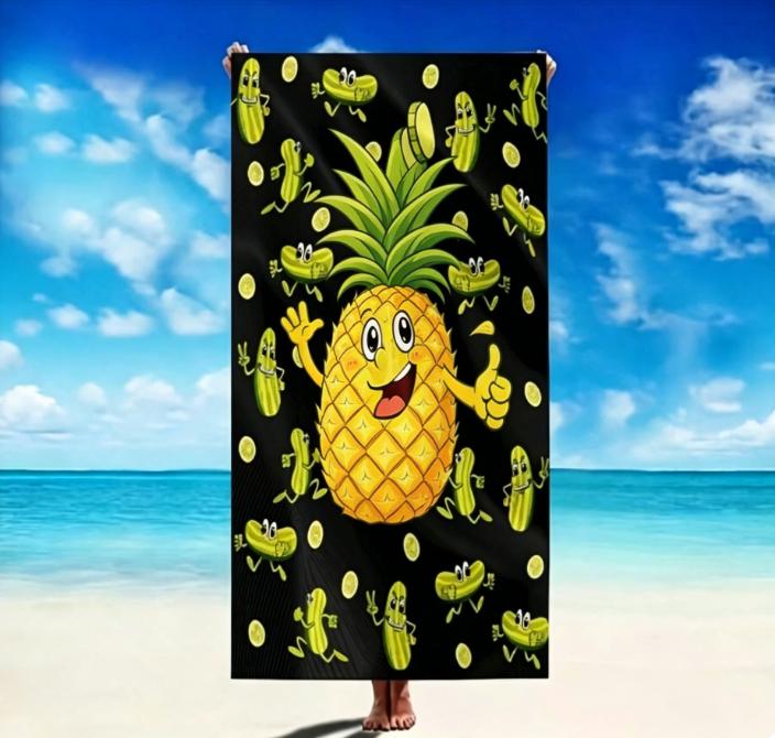 Cartoon Pickle Beach Towel, Microfiber Sand Free Quick Dry, Funny Food Print, Soft Absorbent