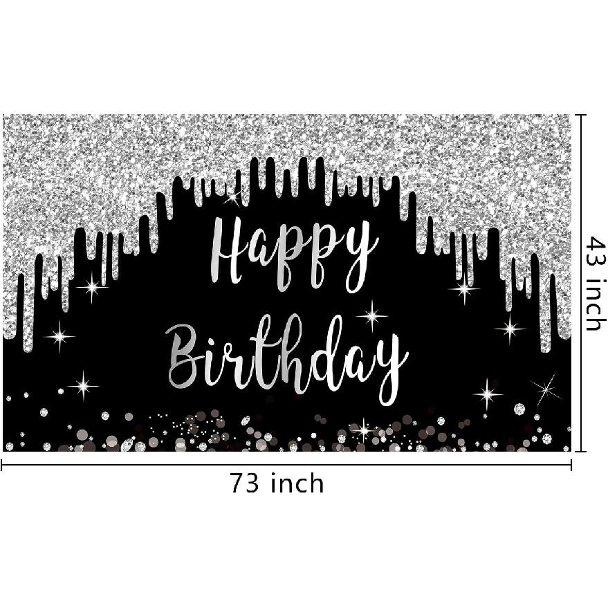 Black White Silver Happy Birthday Banner Decorations for Women Girls, Black Silver Happy Birthday Backdrop Sign Party Supplies, 16th 21st 30th 40th