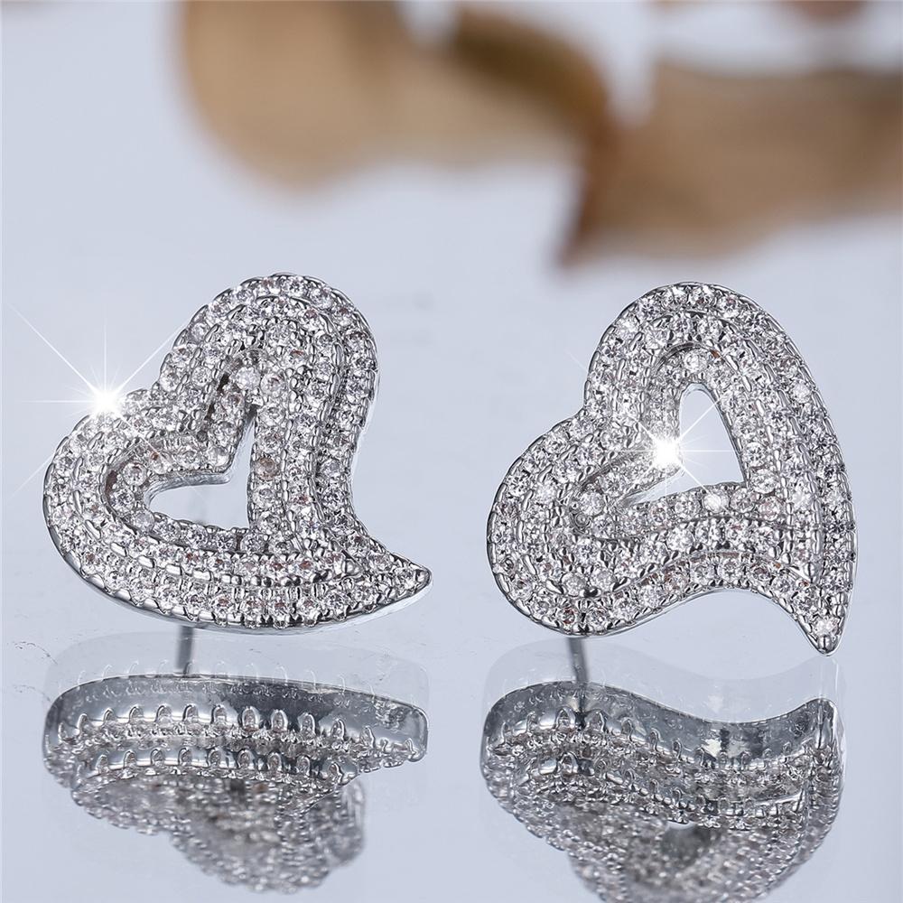 Cute Female Small White Zircon Stone Heart Wedding Jewelry Vintage Silver Color Stud Earrings For Women
