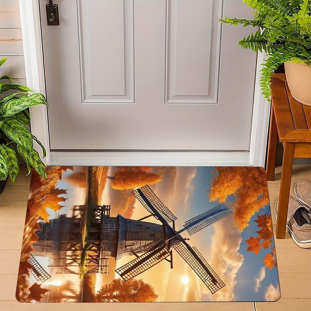 Vintage Windmill Door Mat With Scenic Rural Landscape Artistic Patterns Soft NonSlip Mat For Home Entrance, Patio, Balcony,