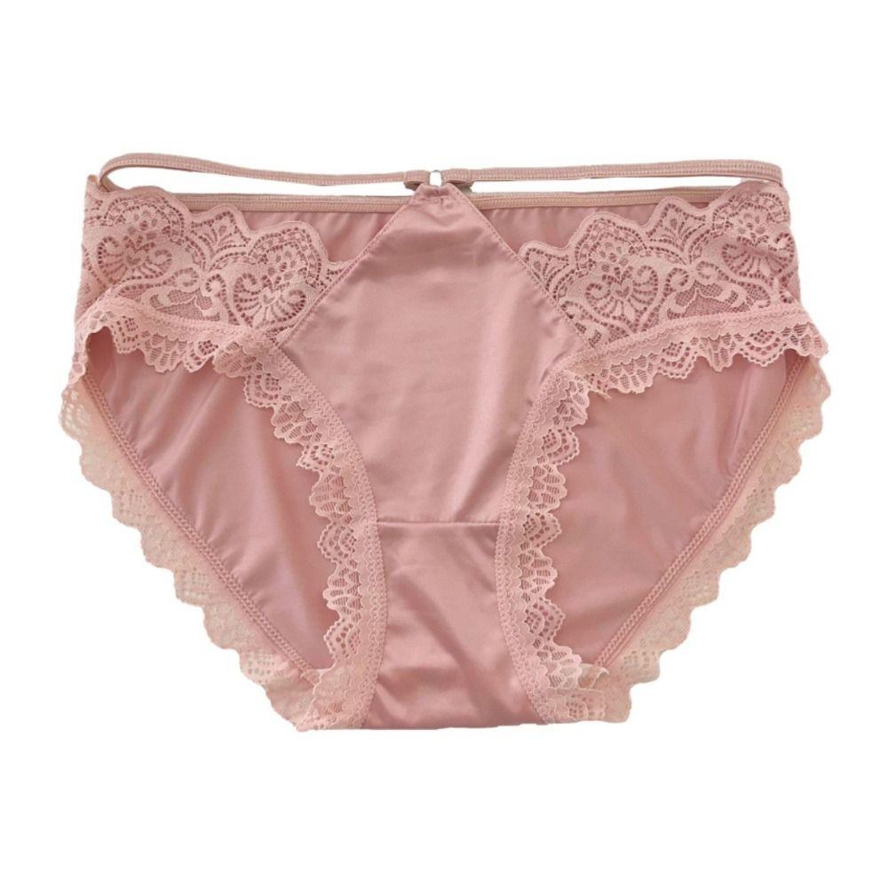 Hollow Ice Silk Thin Belt Panties Flower Satin Silk Lace Thong Women's Lace Mesh Briefs  Girls