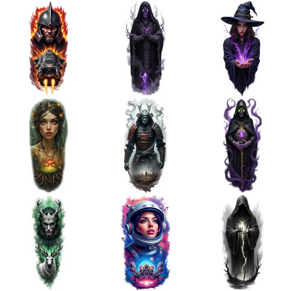 9pcs Temporary Tattoo Waterproof Long-lasting Body Stickers Space Explorer Warrior With Staff Hooded Figure For Arms Male