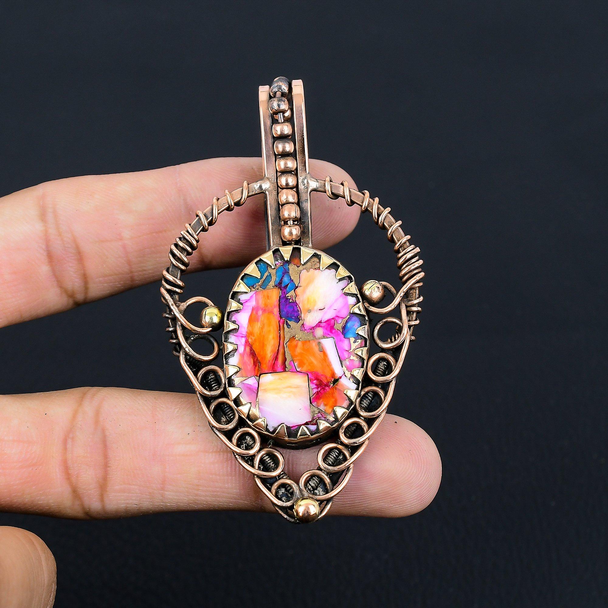 

Удивительный розовый медный колючий устричный драгоценный камень, ювелирное изделие ручной работы, подвеска из чистой медной проволоки 3.03 розовый