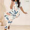 Women Plus Size Two Piece Coordinate Crew Neck Short Sleeve Blouse Long Trousers