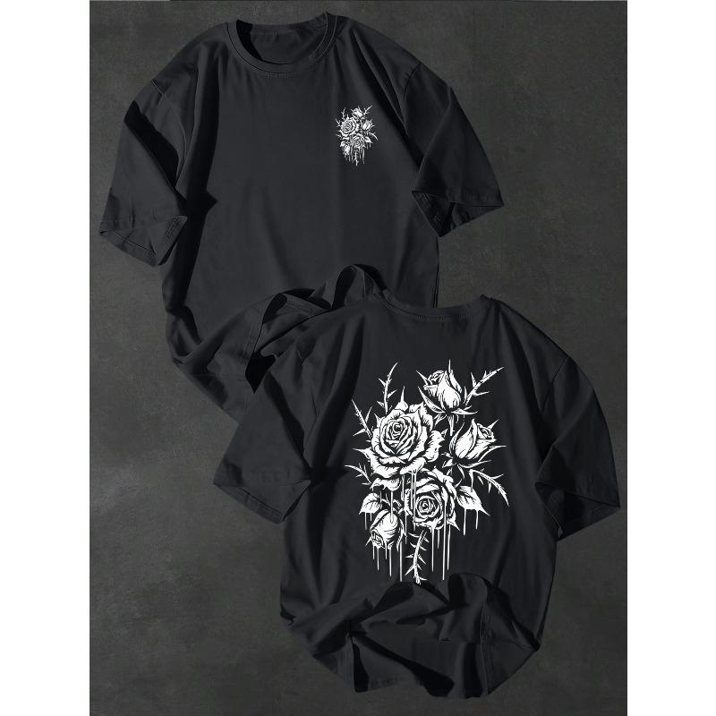 

European sizes New Bleeding Rose T-Shirt, Dark Style Rose Thorn Print Short Sleeve for Men 4XL чорний