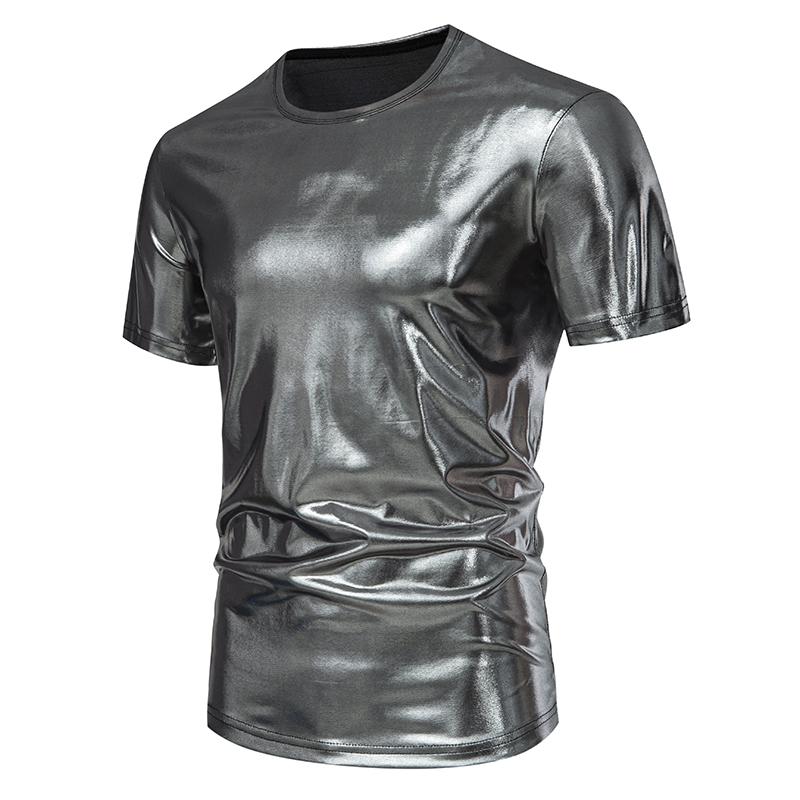 T-shirt da Uomo Lucida Metallica Estiva Casual Girocollo Manica Corta Top Magliette Nuova Moda Oro Costume di Scena Festa Disco Nightclub Tee