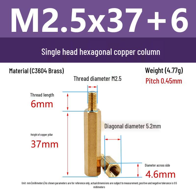 C3604 Brass Hexagonal Pillar with M2/M2.5 Internal & External Threads: Camera Stud Fixing Spacer Screw Rod