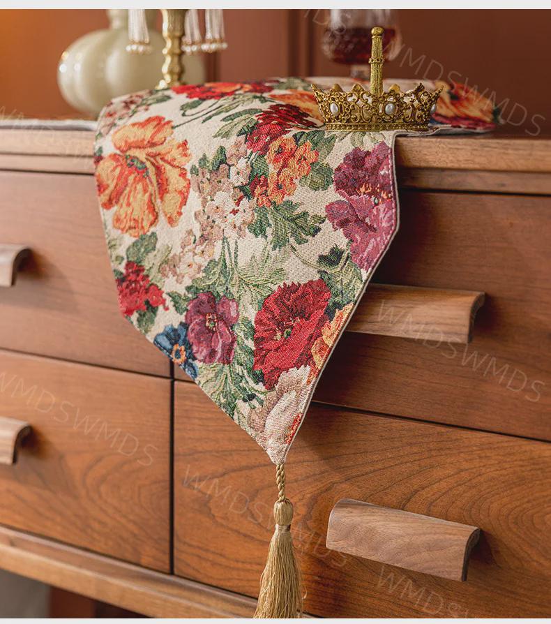 French High-End Fabric Tassel Table Runner for Living Room or Dining Room