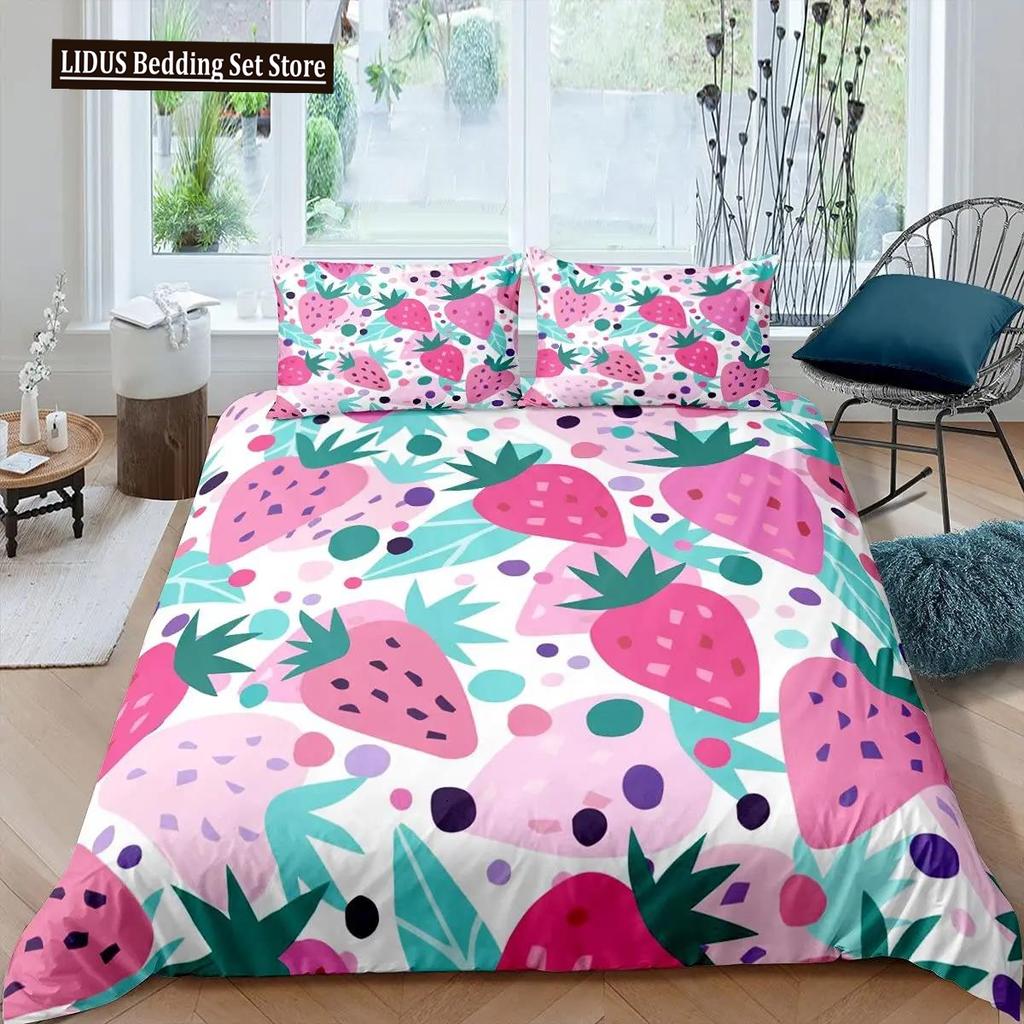 Strawberry Duvet Cover Set Girl King Size Comforter Cover Set Red Strawberry Bedding Set Food Fruit Quilt Cover For Kids Gift