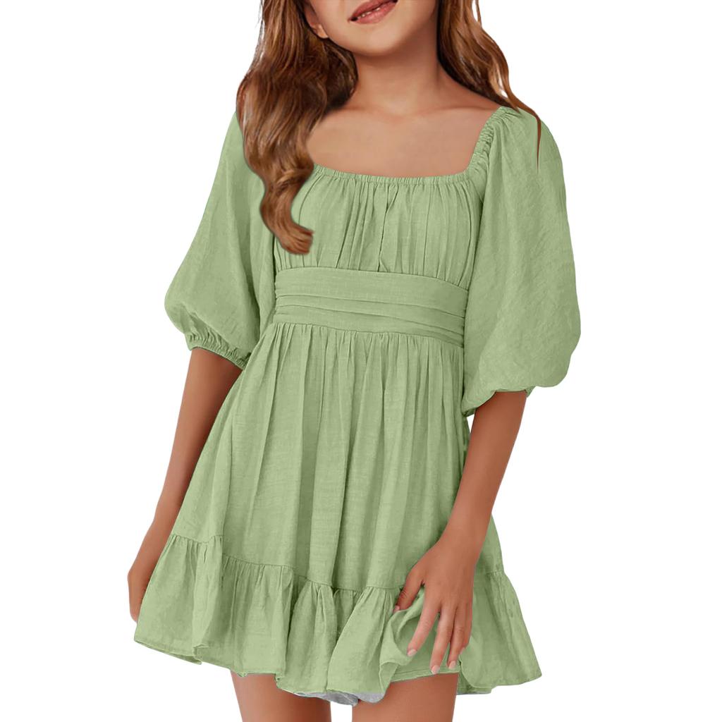 Children's Casual Bubble-Sleeve Backless Waist-Tied Bow-Pleated Dress