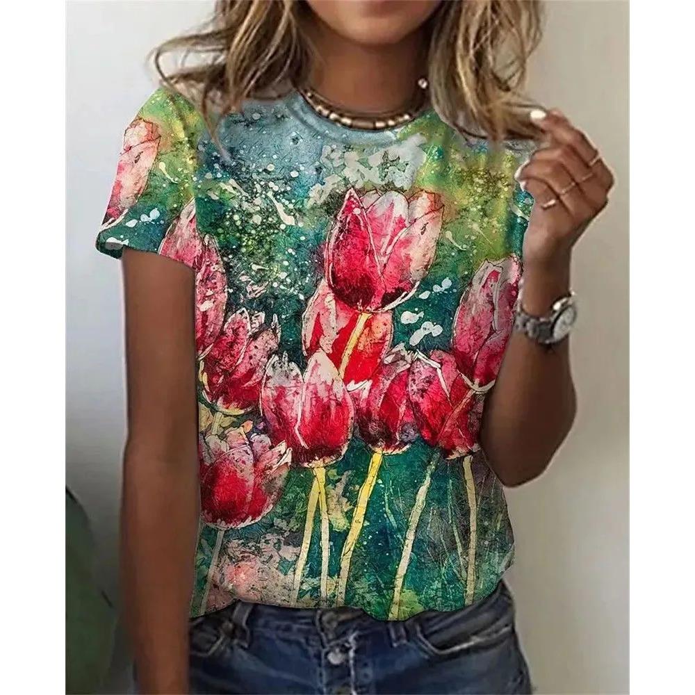 Summer Round Neck Flower Pattern 3D Print Top Fashionable Casual Short Sleeved Women's T-shirts