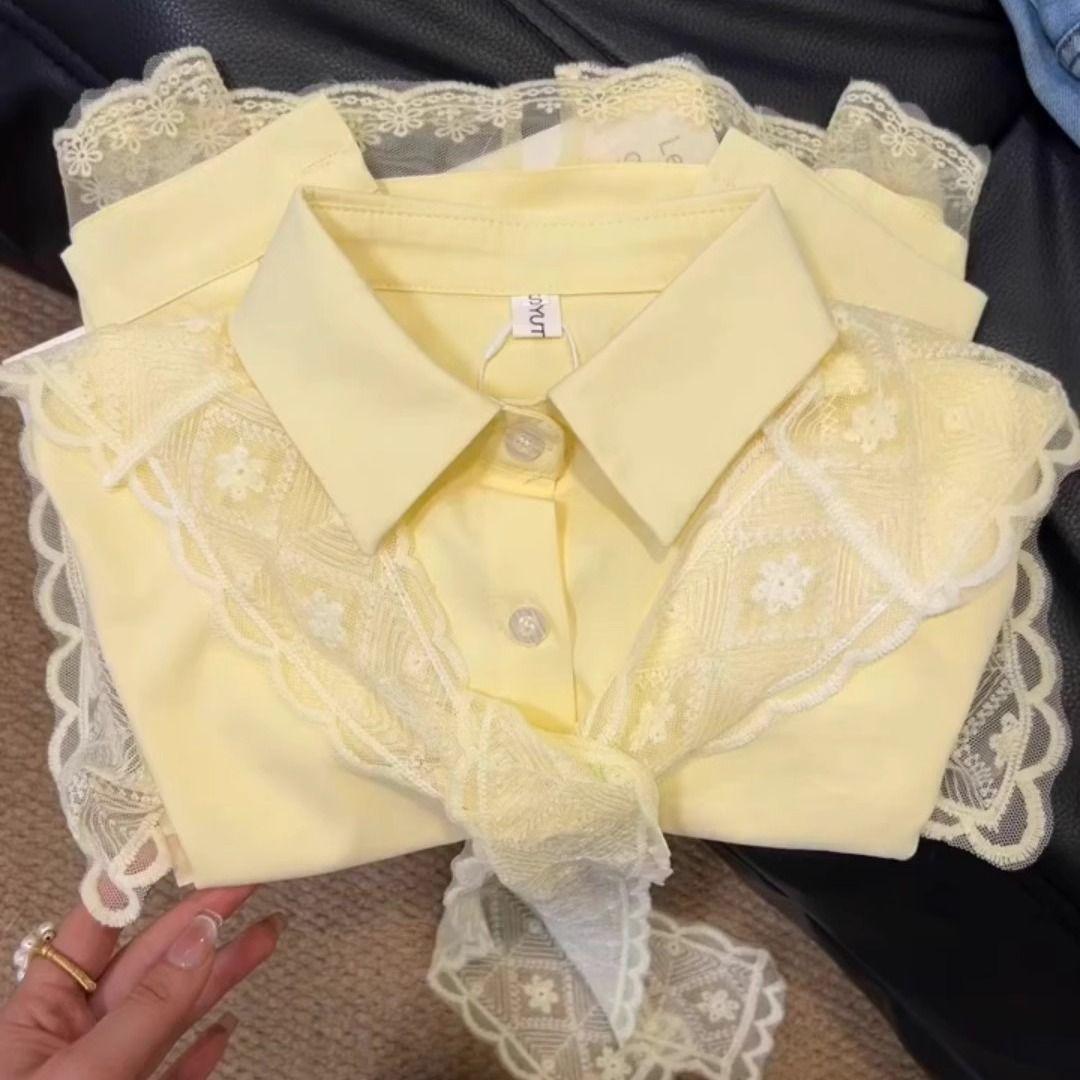 

Ladies Lace Shawl Yellow Shirts Korean Retro Lapel Style Long Sleeved Woman Blouses Summer Loose Single Breasted Female Top S жовтий