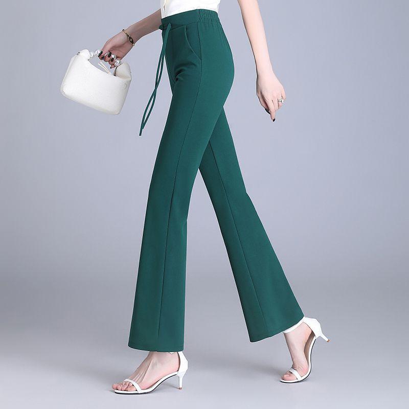 Chinese Style Autumn Flare Pants Women Solid Frog Pockets Elastic High Waist Casual Versatile Slim Wide Leg Ankle Length Trouser