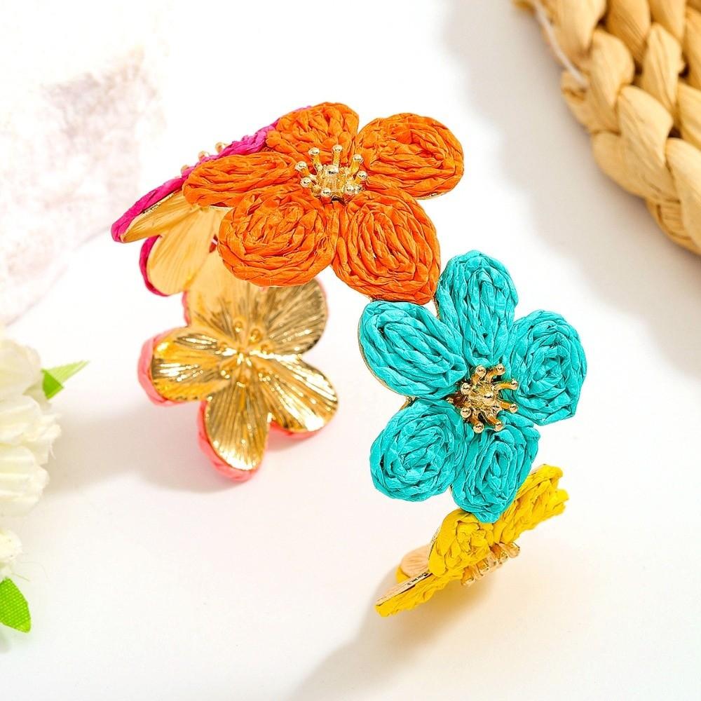 Colorful Raffia Grass Bracelet C-shaped Hand Ring Handmade Woven Flower Bangle Gift