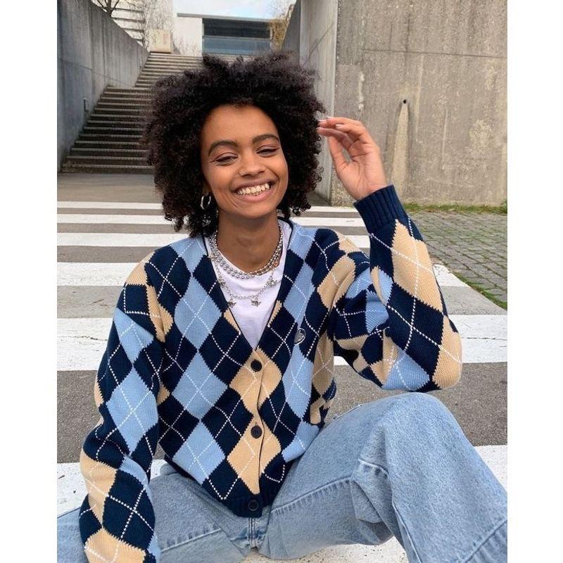 CC Song Yan's Same Style Retro Diamond Stylish Idle Style Cardigan Long Sleeves Sweater Casual Outwear Female