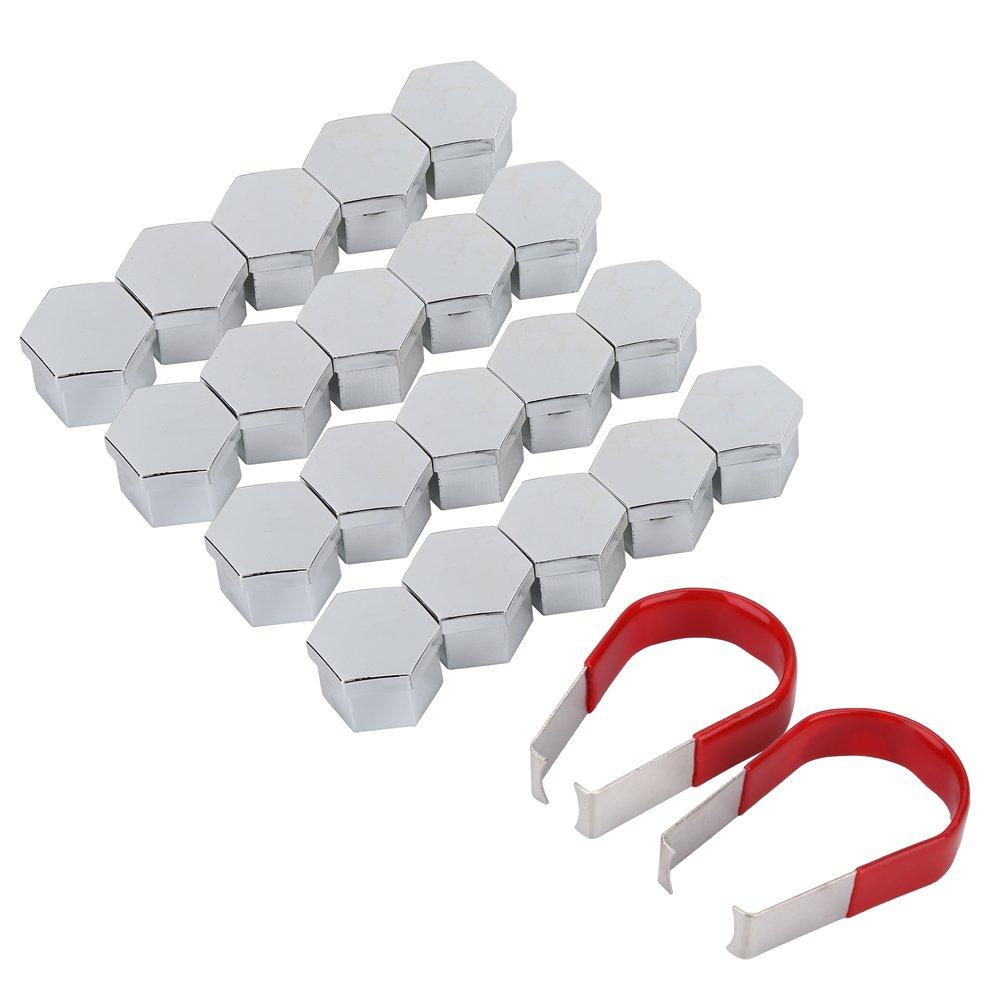 Keenso 20Pcs 17mm Wheel Lug Nut Bolt Hub Screw Silver Cover Tyre Protective Decor CenterCovers Bolt with Removal Tools