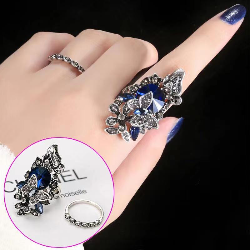Trendy Ink Blue Pearl Butterfly Crystal Women's Ring For Engagement Wedding Copper Accessories Rings Wholesale