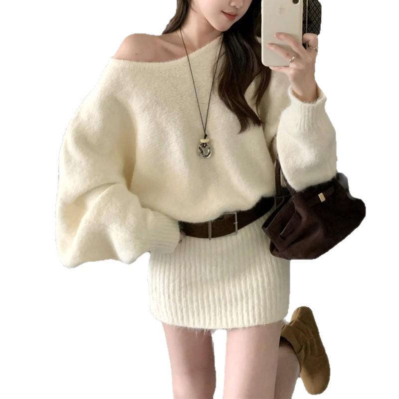Korean Style One-Shoulder Long-Sleeve Sweater Dress with Hip-Wrapping Skirt for Autumn/Winter 2025
