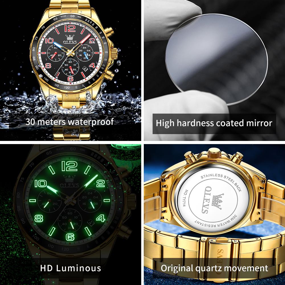 OLEVS TY714 Mens Watch Classic Fashion Original Quartz Chronograph Wristwatch Waterproof Stainless Steel Luminous Date With Box