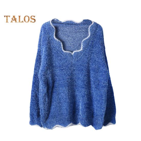 

Женский свитер с длинным рукавом, свободный крой, V-образный вырез, вязаный свитер, женский повседневный джемпер, пуловер, топ для осени и зимы M синий