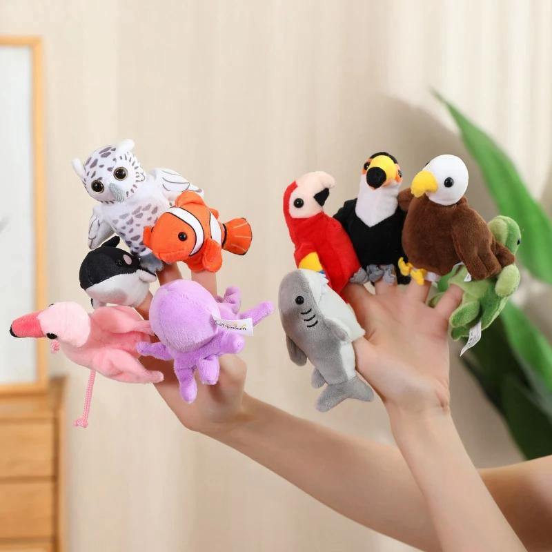 9CM Mini Finger Puppets Educational Toys For Children Hand Cartoon Birds Marine Animals Plush Doll Hand Puppets Tell Story Gifts